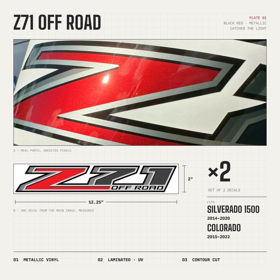 Z71 Off Road Decals for Chevrolet Silverado 1500 2014–2020 · Black Red · Premium · Overview