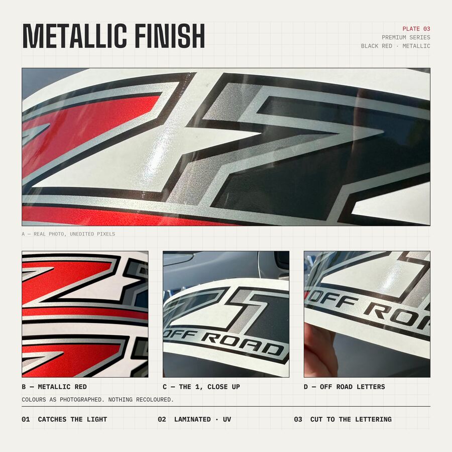 Z71 Off Road Decals for Chevrolet Silverado 1500 2014–2020 · Black Red · Premium · Finish close-up