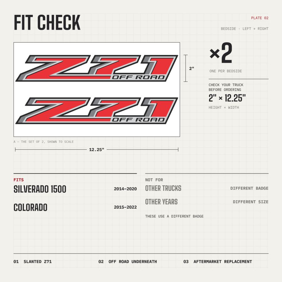 Z71 Off Road Decals for Chevrolet Silverado 1500 2014–2020 · Red · Premium · Fit check and size