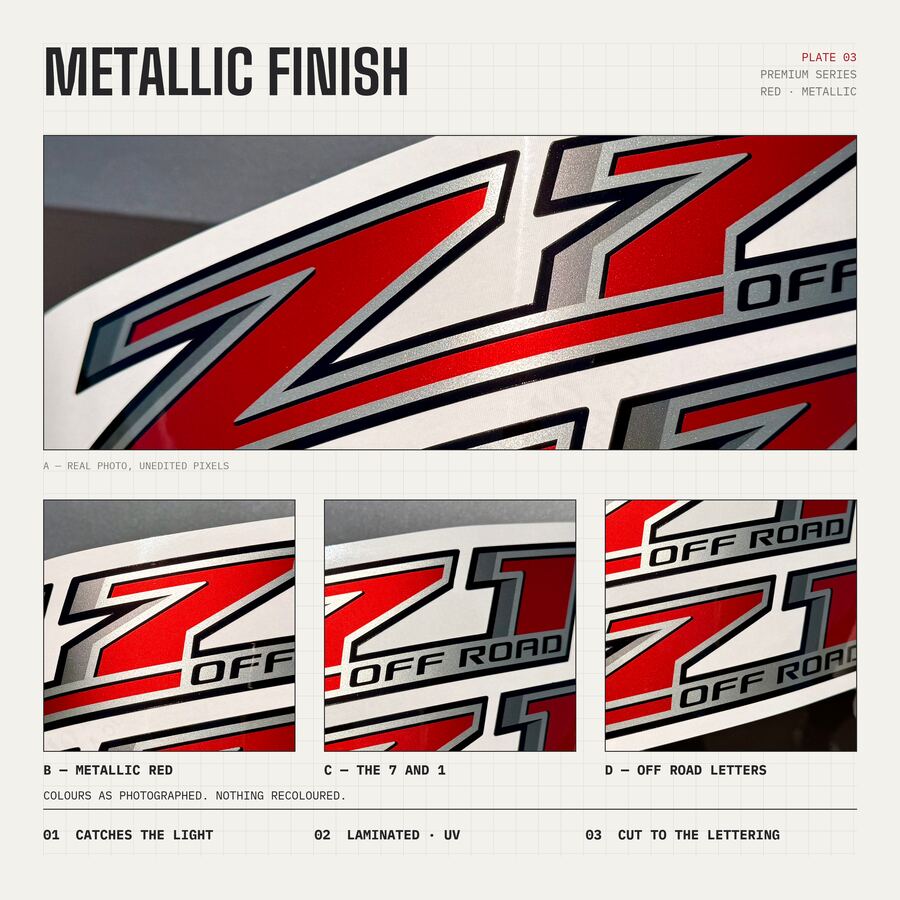Z71 Off Road Decals for Chevrolet Silverado 1500 2014–2020 · Red · Premium · Finish close-up
