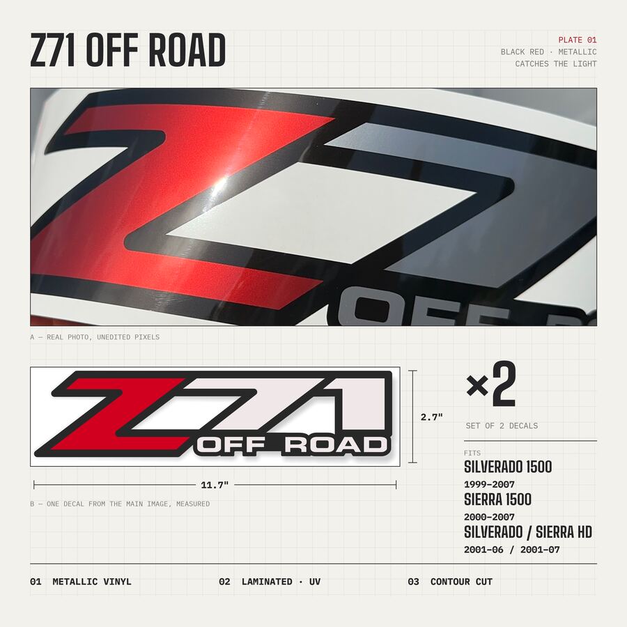 Z71 Off Road Decals for Chevrolet Silverado & GMC Sierra 1999–2007 · Black Red · Premium · Overview
