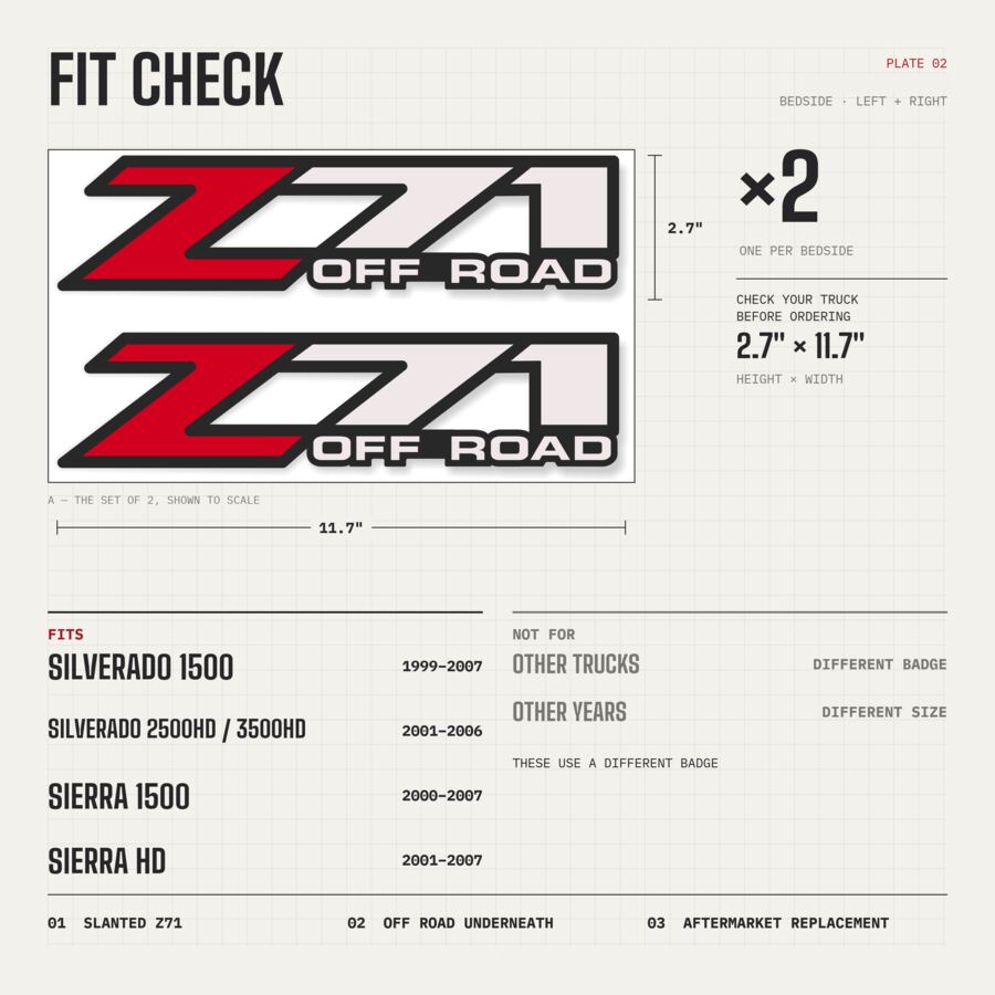 Z71 Off Road Decals for Chevrolet Silverado & GMC Sierra 1999–2007 · Black Red · Premium · Fit check and size