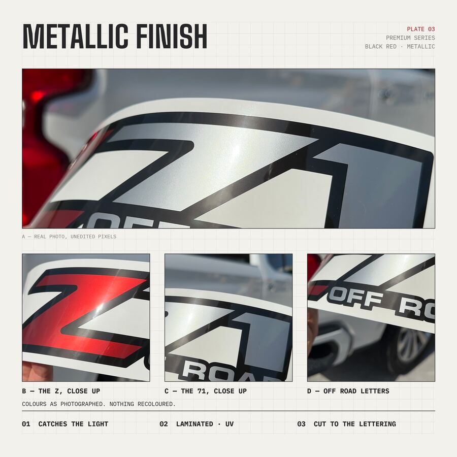 Z71 Off Road Decals for Chevrolet Silverado & GMC Sierra 1999–2007 · Black Red · Premium · Finish close-up