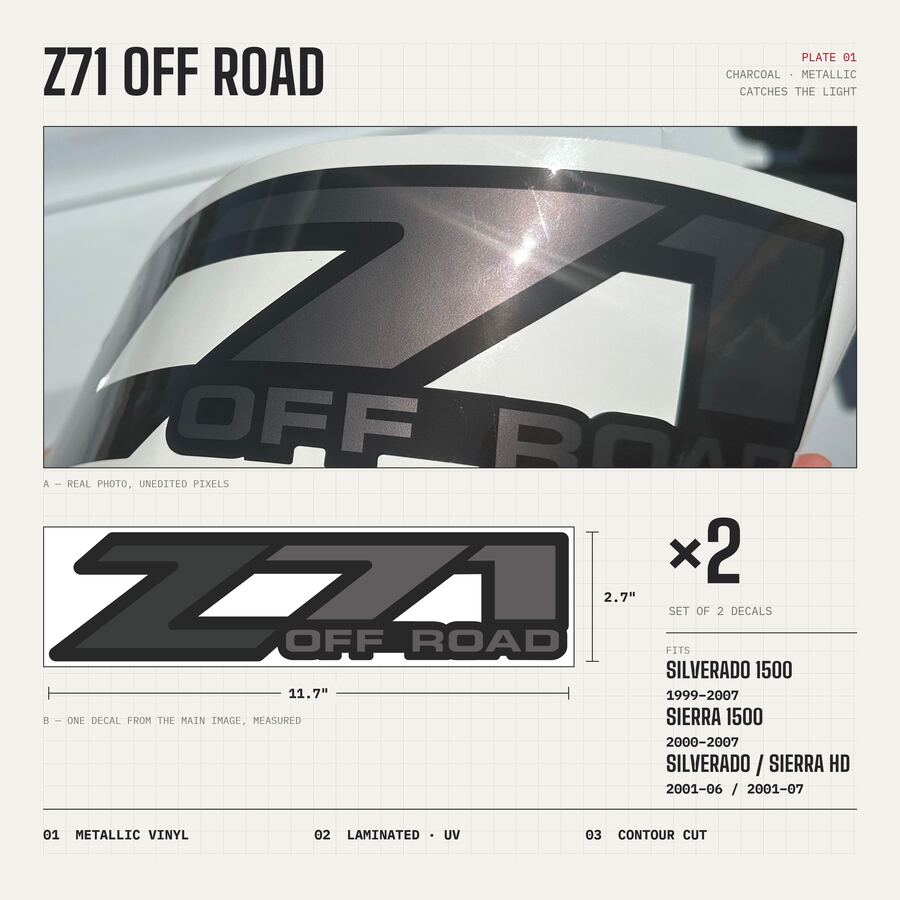 Z71 Off Road Decals for Chevrolet Silverado & GMC Sierra 1999–2007 · Charcoal · Premium · Overview