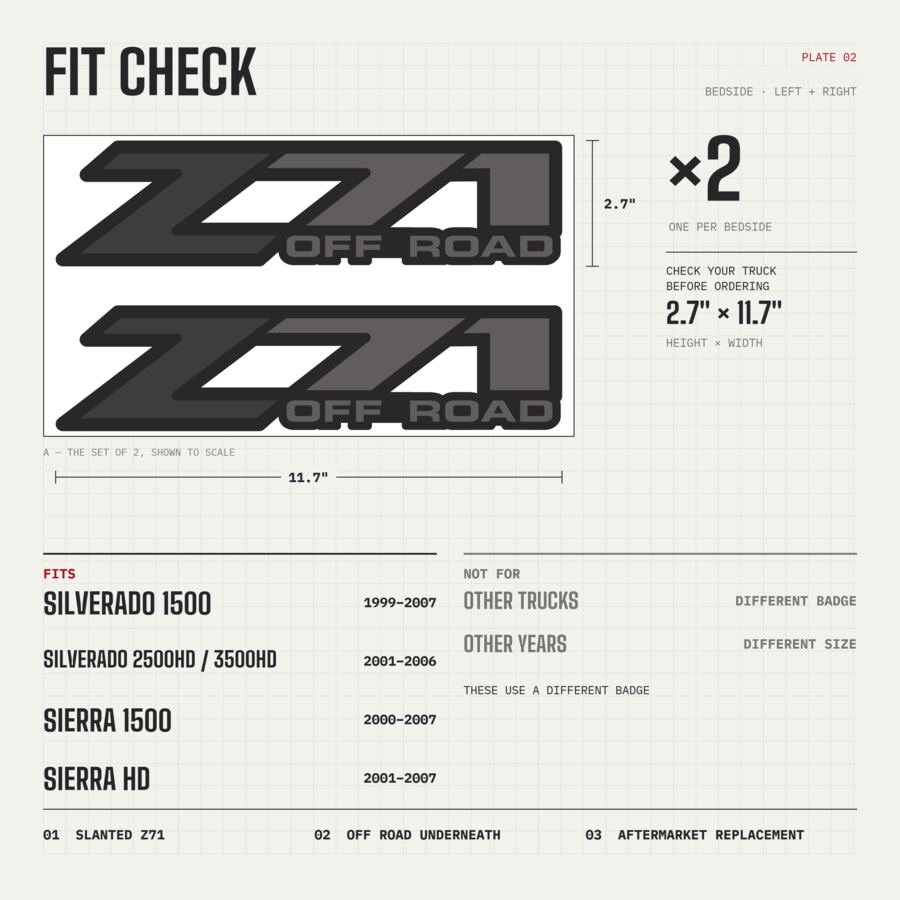 Z71 Off Road Decals for Chevrolet Silverado & GMC Sierra 1999–2007 · Charcoal · Premium · Fit check and size