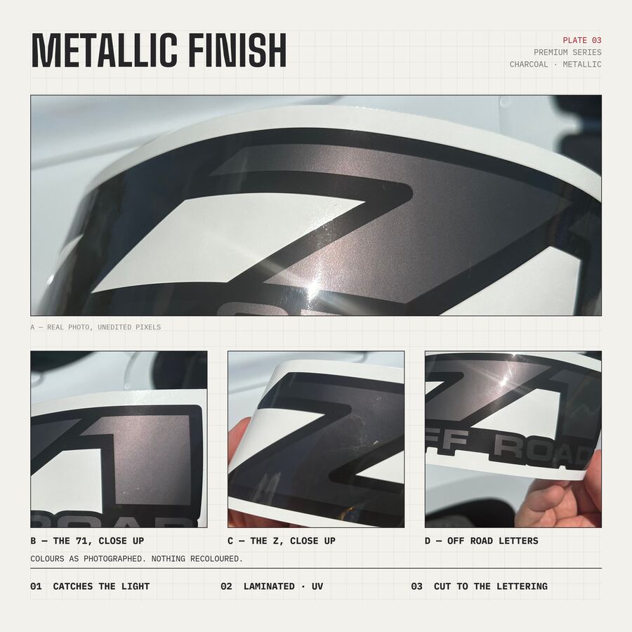 Z71 Off Road Decals for Chevrolet Silverado & GMC Sierra 1999–2007 · Charcoal · Premium · Finish close-up