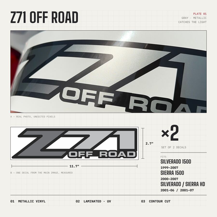 Z71 Off Road Decals for Chevrolet Silverado & GMC Sierra 1999–2007 · Gray · Premium · Overview