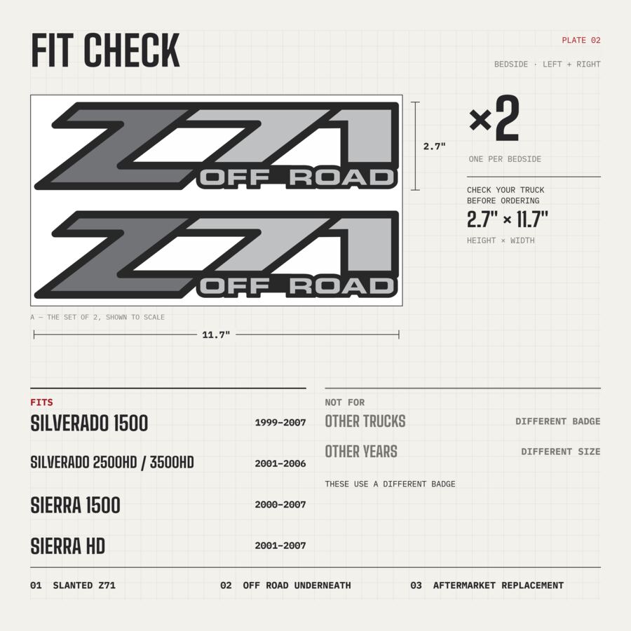 Z71 Off Road Decals for Chevrolet Silverado & GMC Sierra 1999–2007 · Gray · Premium · Fit check and size
