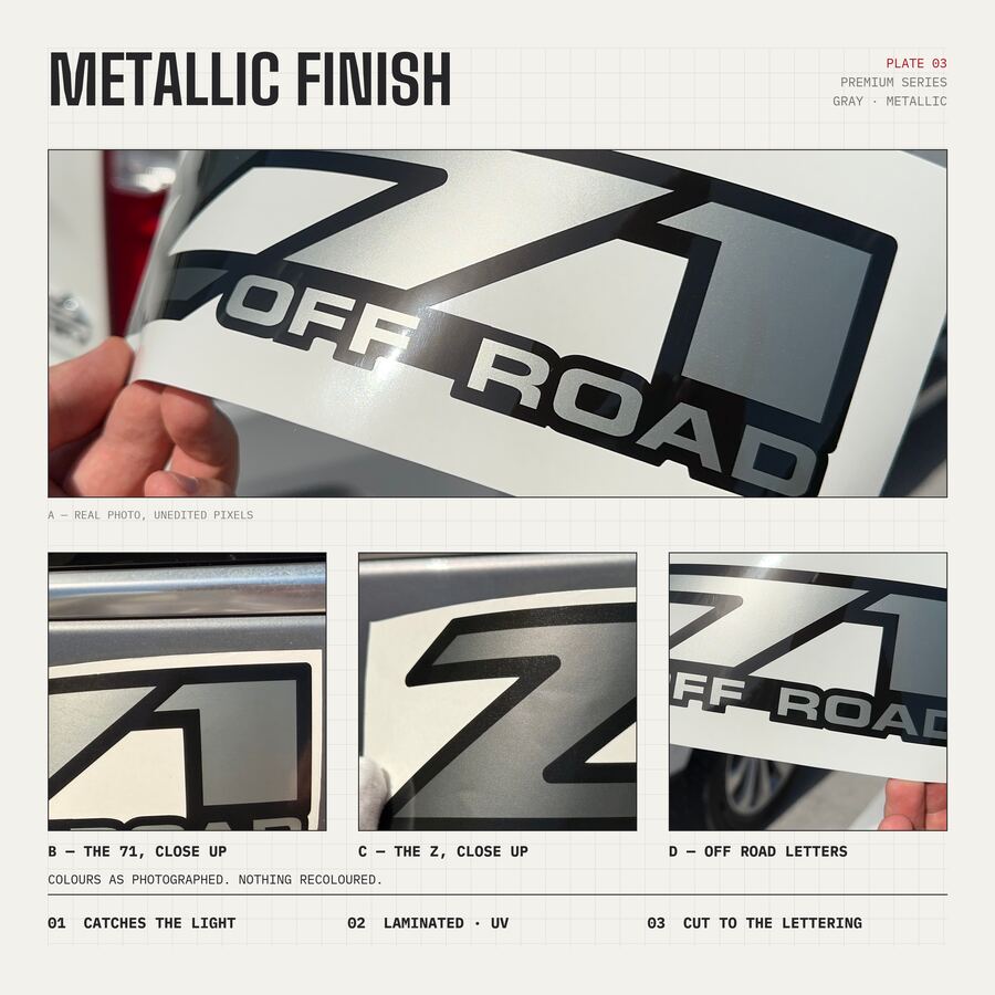 Z71 Off Road Decals for Chevrolet Silverado & GMC Sierra 1999–2007 · Gray · Premium · Finish close-up